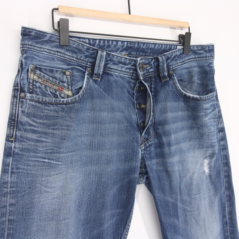 Diesel Larkee Jeans Mens 34x34 Blue Regular Straight Button Fly Distressed - Picture 3 of 13